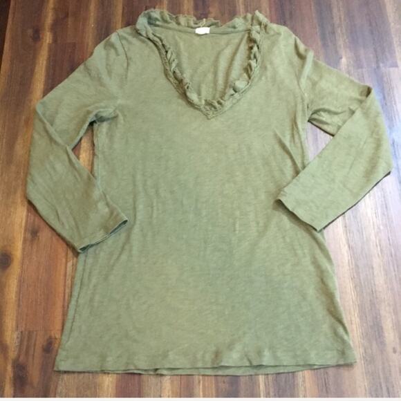J Crew army green ruffle neck long sleeve top - Picture 1 of 4